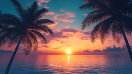 Sunset over the Ocean with Palm Trees