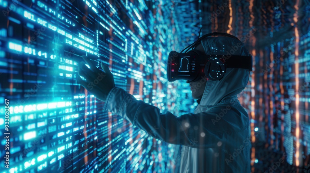 Aufkleber the hacker navigates through a virtual world, interacting with digital locks and codes using a vr he