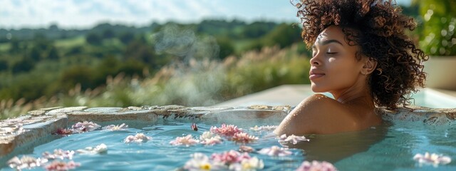 black , african american woman in outdoor bath. take care of yourself, unity with nature concept. balance in rustic, eco-friendly retreat. banner