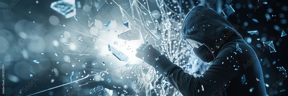 Poster a hacker is breaking through a digital firewall with fragments of the shield scattering in a dramati