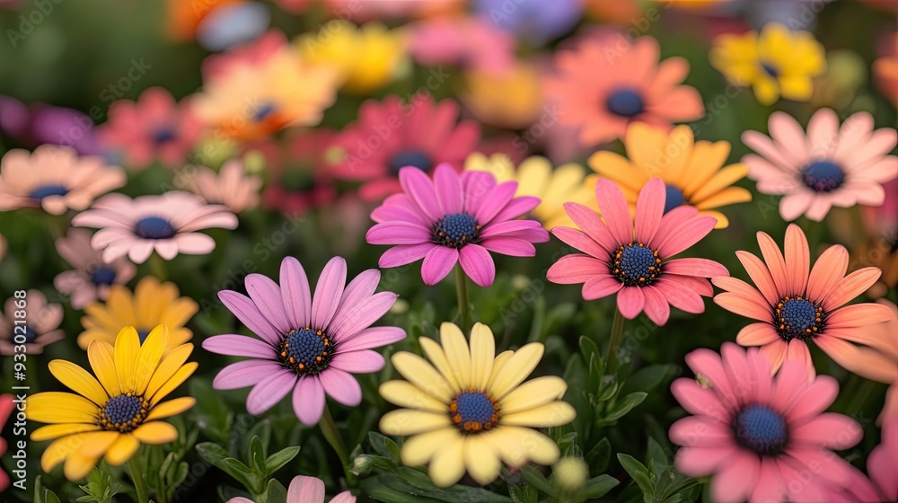 Poster colorful daisies in bloom, showcasing various colors. perfect for adding a touch of spring and vibra