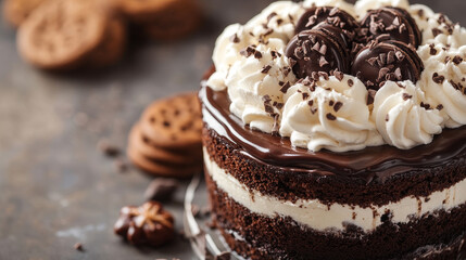 “A rich chocolate cake topped with a generous layer of cream and adorned with cookies. The decadent dessert features a smooth chocolate glaze and is beautifully decorated with chunks of cookies, 