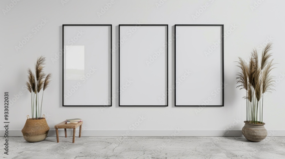 Poster Three empty frames are displayed on a minimalist wall, complemented by elegant potted plants and a small stool, creating a contemporary aesthetic