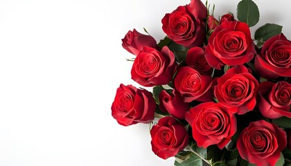 A bouquet of red roses on a white background, captured in close-up, from a top-down perspective. 