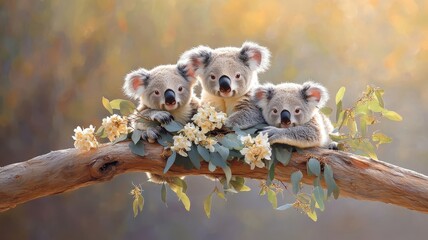 A group of koalas playfully interacting on eucalyptus branches.