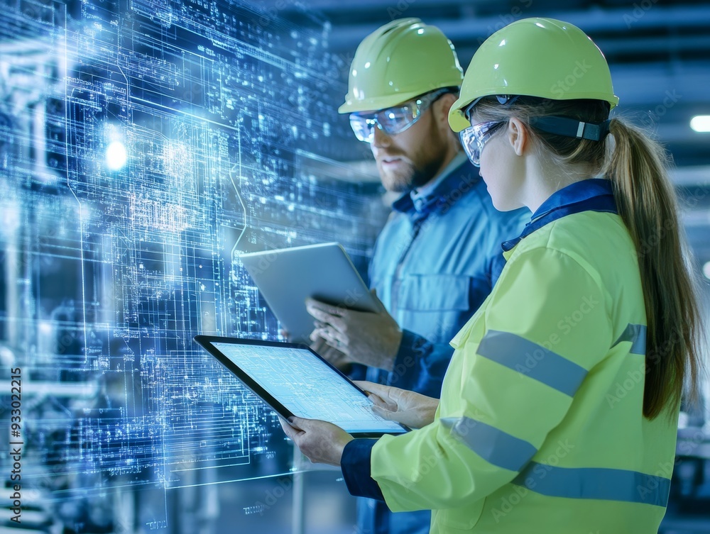 Poster engineers analyzing power plant project data on tablet with blueprints in networked environment