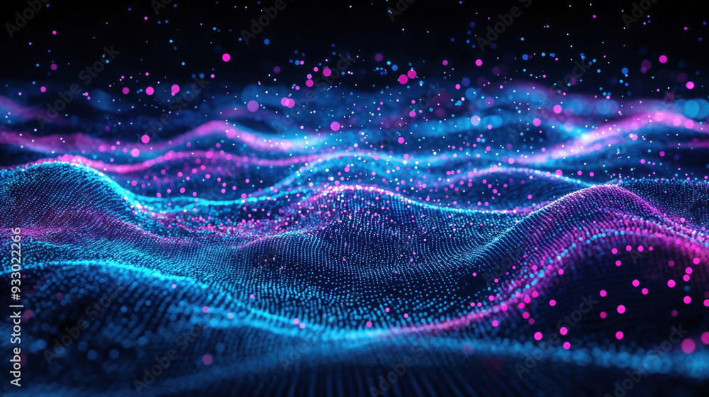 Aufkleber Abstract glowing particles forming wavy surface. Futuristic technology and data visualization concept. High quality photo