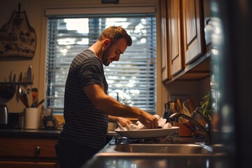 Man washing dishes in kitchen, household chores photography shot for domestic cleaning concept