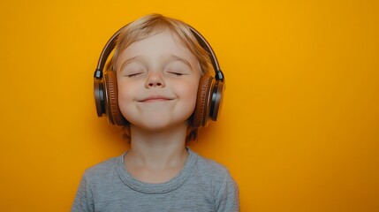 A young boy with blonde hair wearing headphones with his eyes closed, smiling.