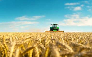 a harvester, working in a wheat field against a blue sky background