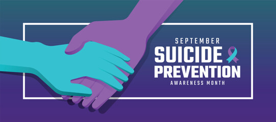 Suicide prevention awareness month - Teal purple caring hands on white frame and text with ribbon awareness sign vector design