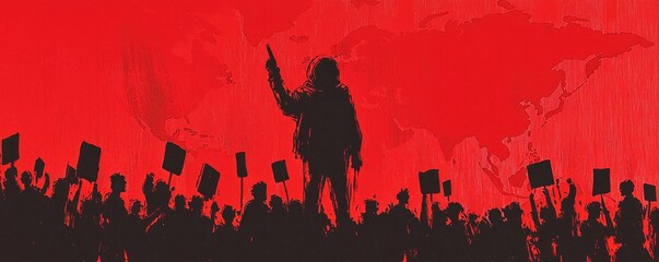 A powerful scene of protest featuring a silhouetted figure holding a fist in the air against a bold red backdrop with world map.