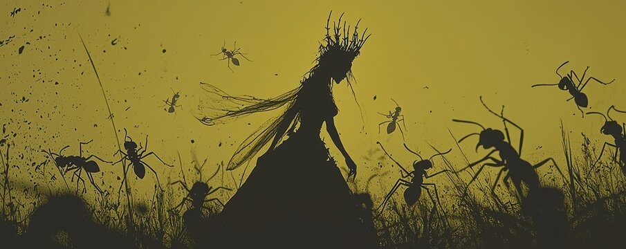 A mystical silhouette of a queen surrounded by an army of ants against a dramatic yellow backdrop.