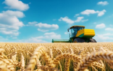 Fototapeta premium a harvester, working in a wheat field against a blue sky background