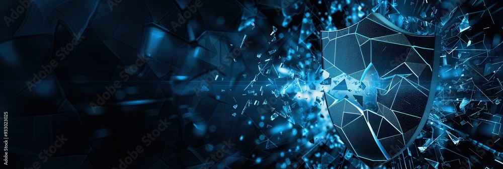 Aufkleber a hacker penetrates a digital shield, causing fragments to scatter, illustrating a cybersecurity bre