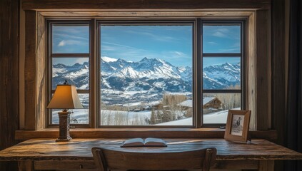 Rustic window view of snow-capped mountains.