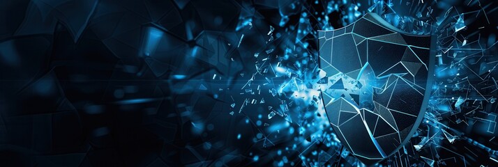 A hacker penetrates a digital shield, causing fragments to scatter, illustrating a cybersecurity breach process and the importance of robust defenses. Generative AI