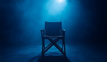 A director's chair stands in the center of an empty room illuminated by soft light, creating a mysterious atmosphere. 