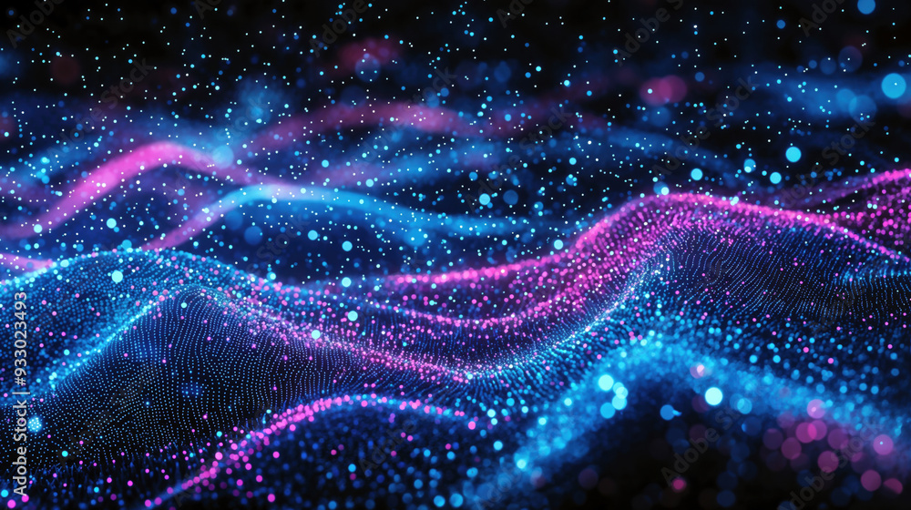Poster Abstract digital waves with blue and pink particles on a dark background. Futuristic technology and data visualization concept. High quality photo