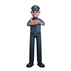 Professional Male Law Enforcement Character. A police officer with a serious expression is communicating through a handheld radio (walkie-talkie). 3D Police
