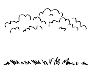 Simple vector drawing with black outline. Clouds in the sky, grass in the meadow, lawn. Nature, summer landscape. Sketch in ink.