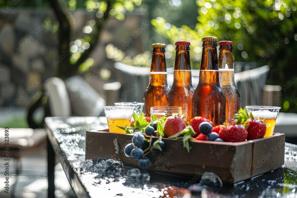 Poster home party essentials chilled beer bottles and refreshing drinks setup perfect for text placement