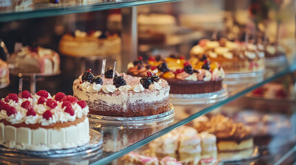 “A pastry shop display window featuring a variety of cakes. The display showcases an assortment of beautifully decorated cakes, each with unique designs and flavors, attracting attention and enticing 