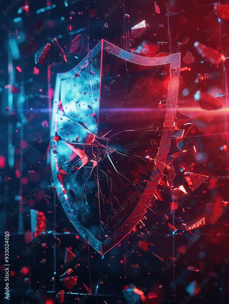 Poster a hacker disrupts a digital shield, causing fragments to scatter in a striking display of vulnerabil