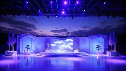 Empty stage with blue lights and white platform.