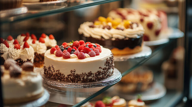 “A pastry shop display window featuring a variety of cakes. The display showcases an assortment of beautifully decorated cakes, each with unique designs and flavors, attracting attention and enticing 