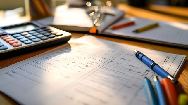 A close-up of an open budgeting planner with various financial tools like a calculator and pens, bright daylight coming from a window, detailed textures of the papers and tools, structured and
