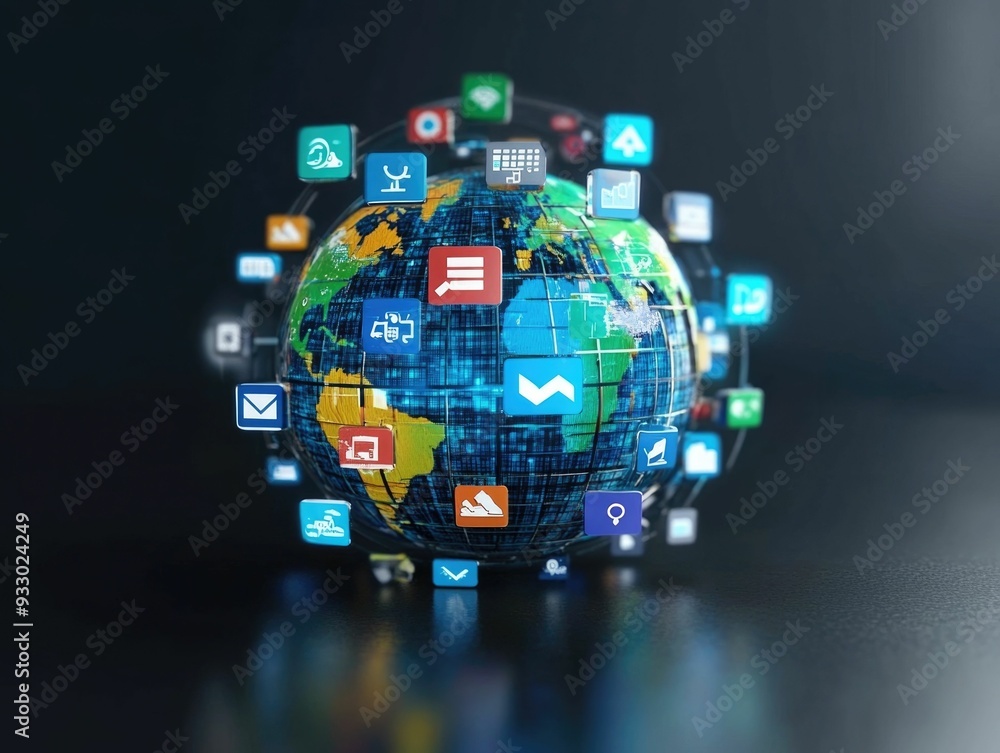 Poster 3d rendered globe with various search engine icons orbiting around it