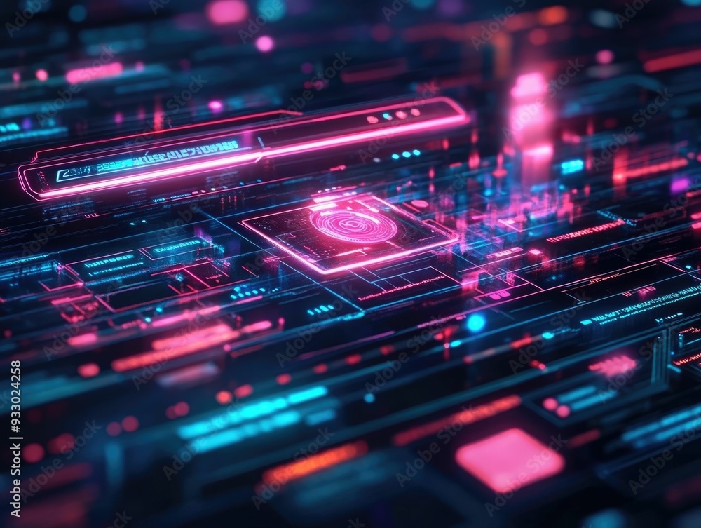 Poster futuristic 3d search engine interface featuring floating holographic search bars representing innova