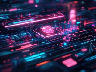 Obraz premium Futuristic 3D search engine interface featuring floating holographic search bars representing innovative and immersive web browsing experience of the future The digital display showcases a modern