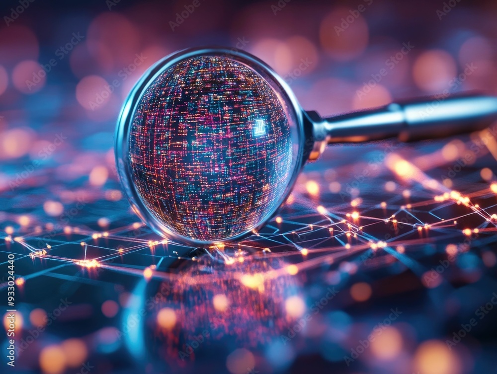 Poster a 3d magnifying glass hovering over a digital network revealing hidden data and symbolizing the prec
