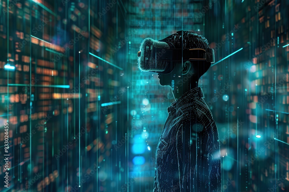 Poster a hacker uses a vr headset to explore a virtual world filled with digital locks and flowing codes, s