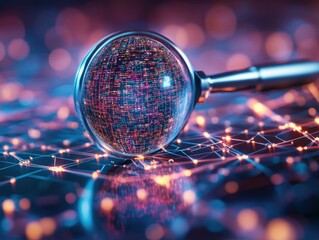 A 3D magnifying glass hovering over a digital network revealing hidden data and symbolizing the precision and power of search engine technologies for data analysis discovery and