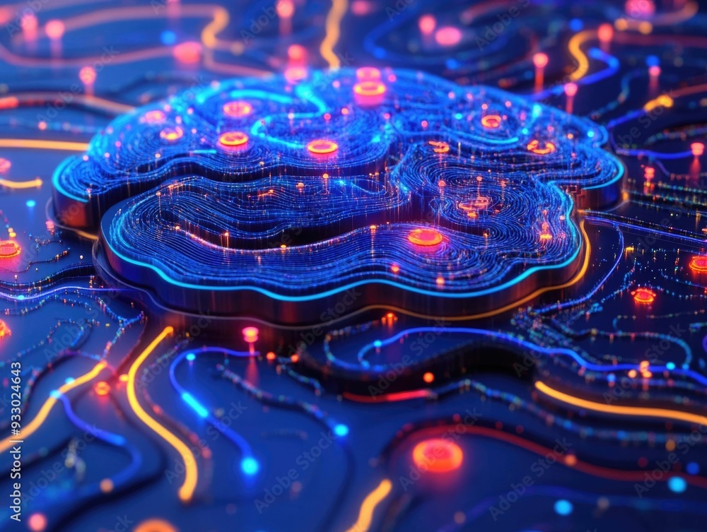 Poster a 3d digital brain with interconnected nodes each representing a search result symbolizing the power