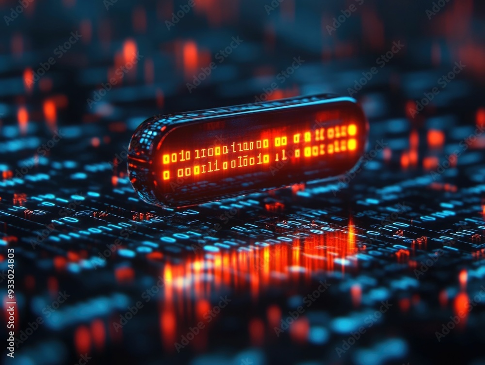 Poster 3d search bar floating above a sea of binary code representing the vast amounts of data processed by
