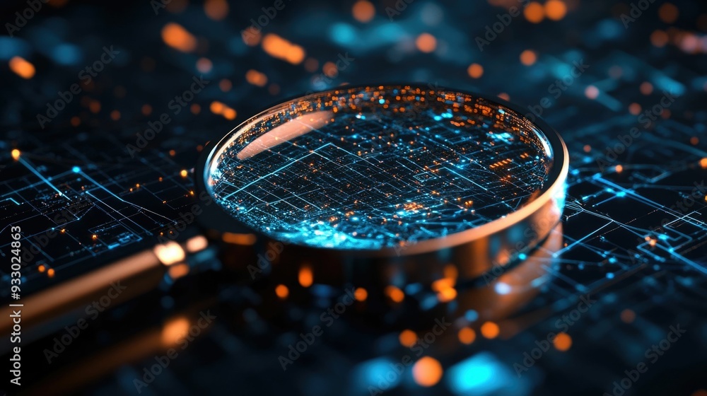 Poster a 3d magnifying glass hovering over a complex digital network symbolizing the power of search engine