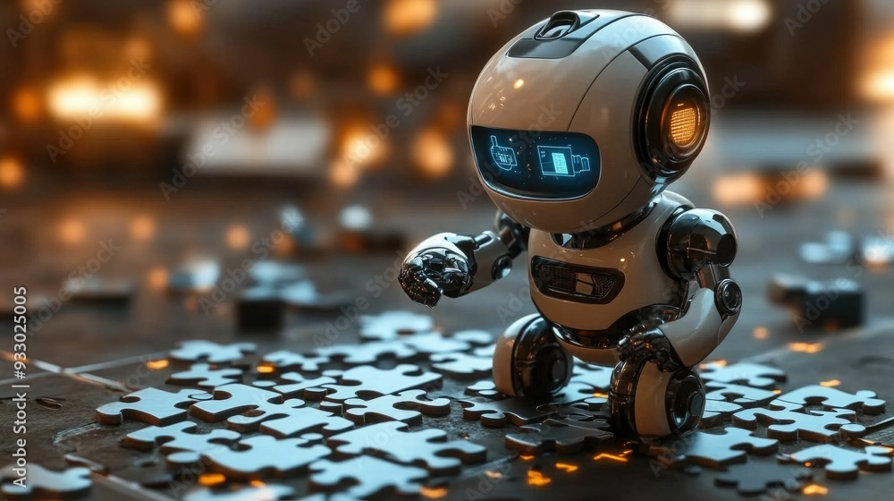 Poster 3d search engine robot piecing together a digital puzzle symbolizing the assembly of search results 