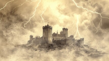 Naklejka premium Biblical Illustration of Psalms 18: Dark Clouds and Lightning Surround a Mighty Fortress, Symbolizing God’s Power and Protection on Beige Background