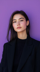 Fototapeta premium Portrait of a elegant young woman in a black blazer looking camera against a purple background soft studio lighting