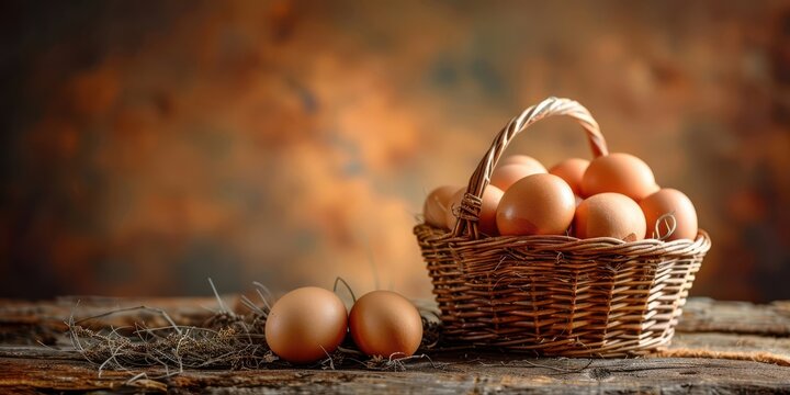 Fresh brown eggs in a rustic wicker basket on a wooden table, representing organic farm produce. Free copy space for text. - Powered by Adobe