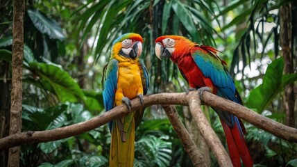 Obraz premium Colorful parrots (red and blue-yellow macaws) in rainforest