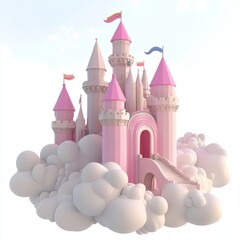 3D Render of a castle in the clouds with fluffy white bases and rainbow bridges, on isolated white background