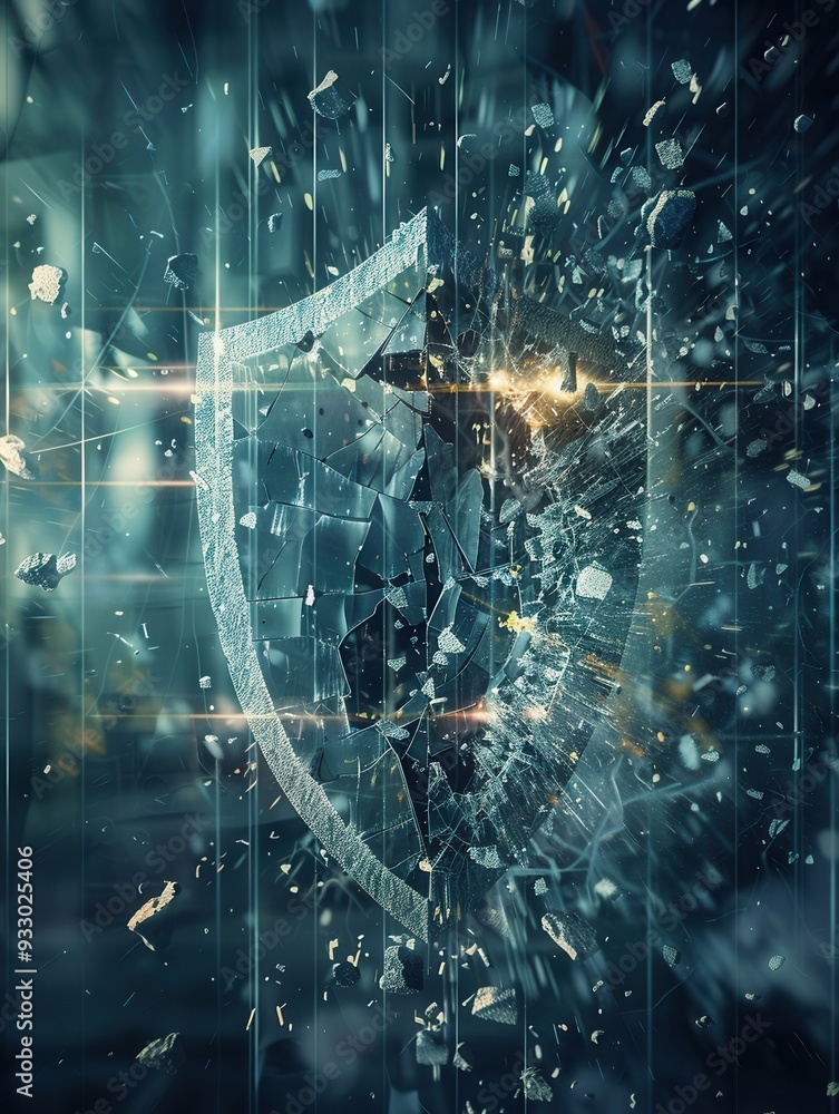 Leinwandbilder a hacker is breaking through a digital shield, causing fragments to scatter, depicting a cybersecuri