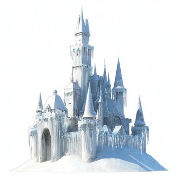 recommend clip art: 3D Render of a castle made of ice with frosty turrets and frozen battlements, on isolated white background