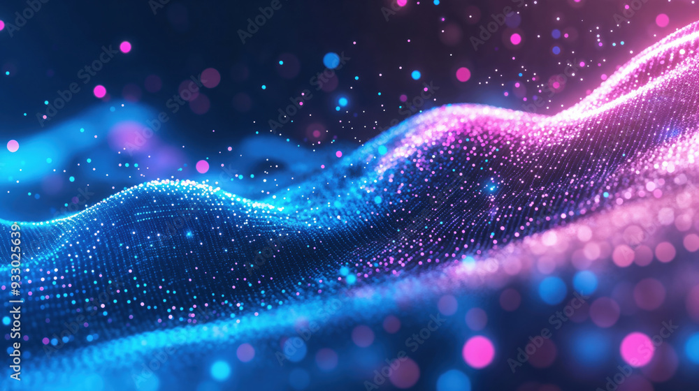 Aufkleber Abstract blue and pink particles wave forming from data visualization. Futuristic technology and data visualization concept. High quality photo