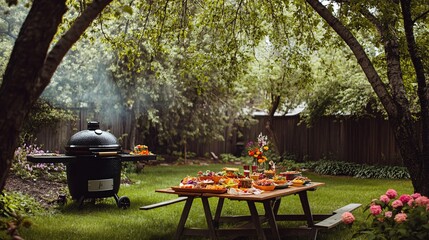 A backyard picnic table with a spread of food and a grill in the background.